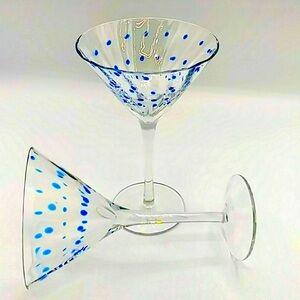 🦋HP! 2 Martini Glasses, with blue dots. Long Stemmed, Hand Blown.